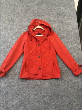 Lands End Womans Orange Hooded Button up Rain Coat Sz Xs
